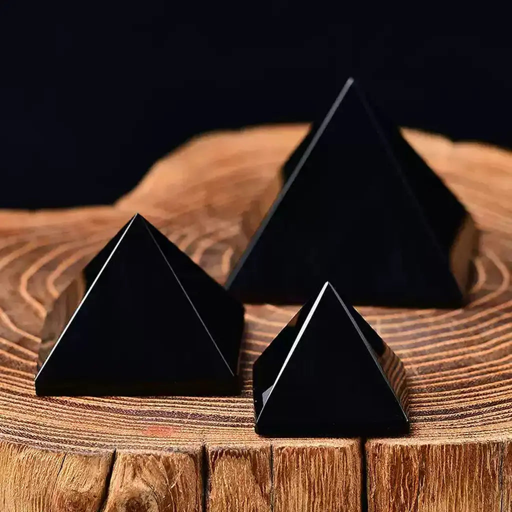 Black Obsidian Crystal Pyramid Set Wood Slice