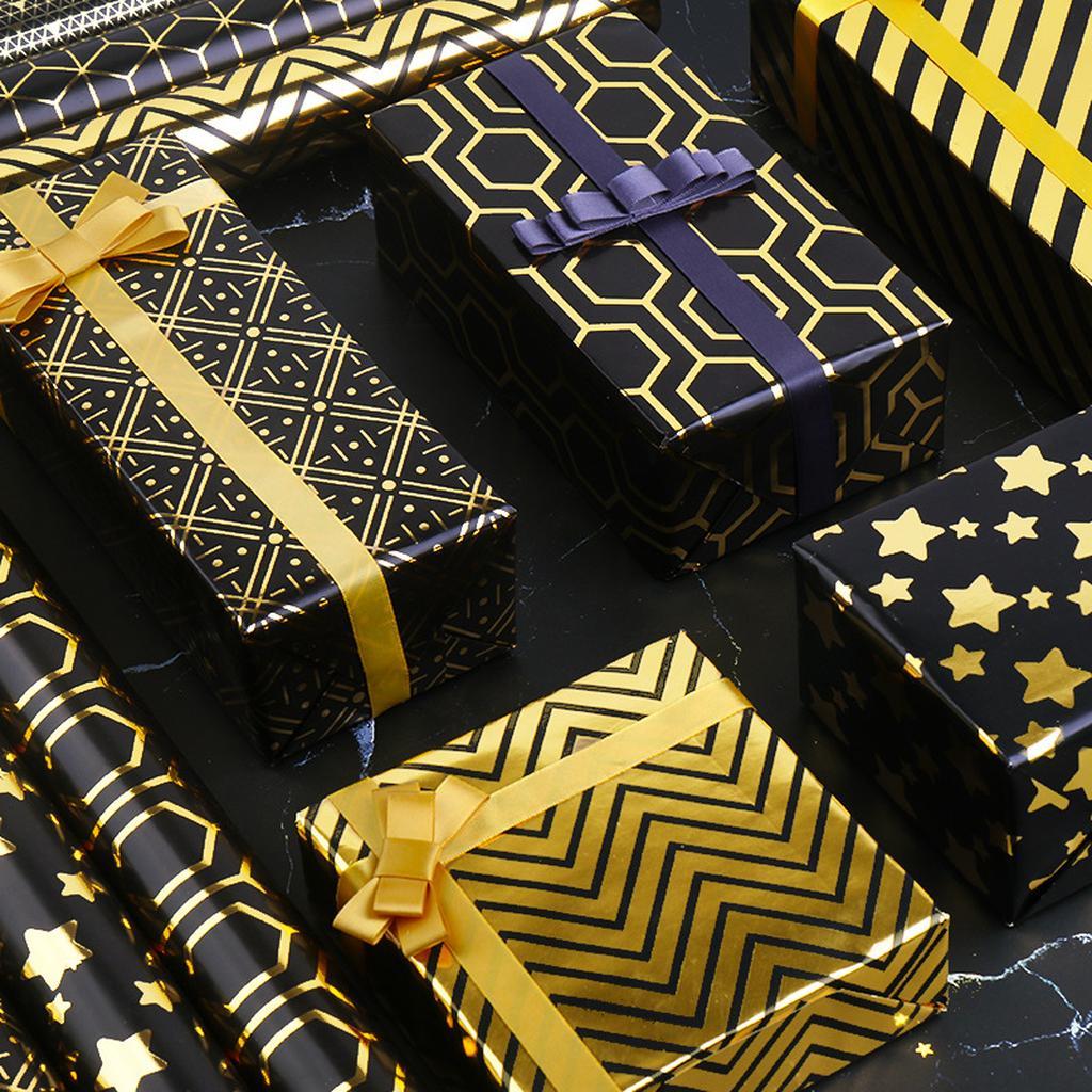 Black and Gold Gift Wrapping Paper with Geometric Patterns