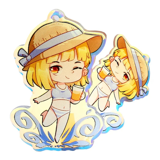 Blonde Anime Girl Summer Outfit Holographic Keychain