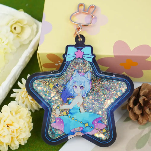 Blue Anime Girl Glitter Star Keychain