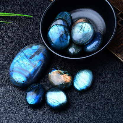 Blue Labradorite Palm Stones Black Bowl