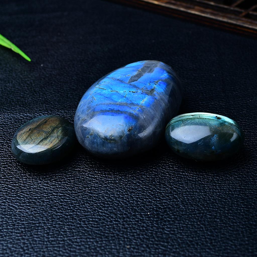 Blue Labradorite Palm Stones Black Leather