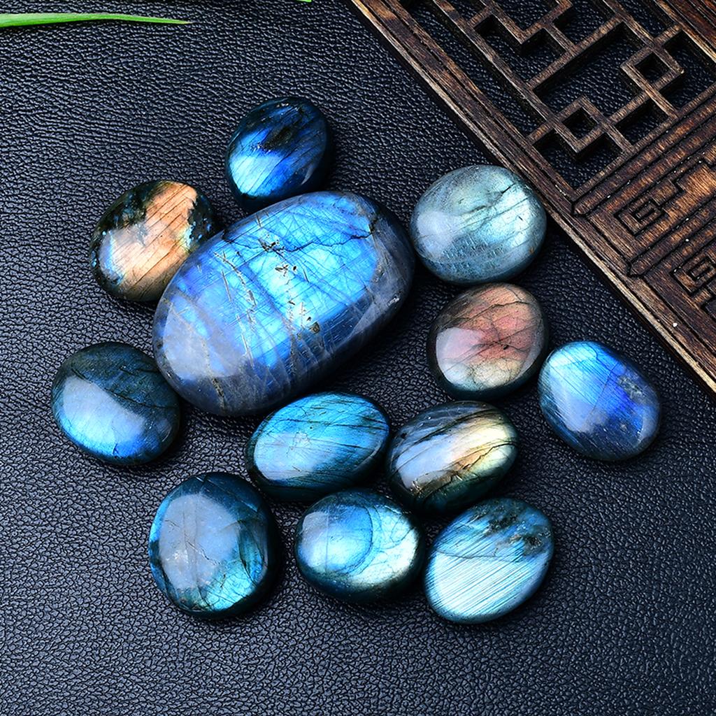 Blue Labradorite Palm Stones Leather Background