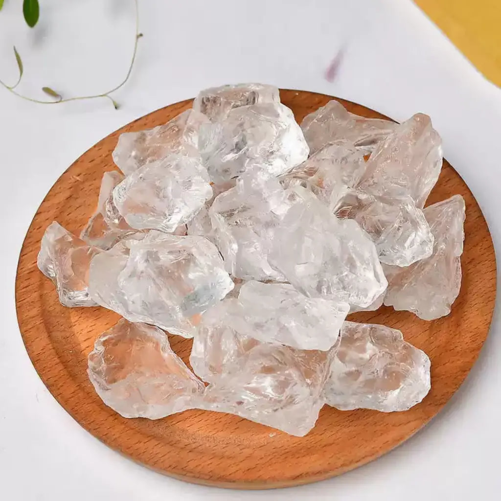 Clear Quartz Crystal Rough Stones Wooden Plate