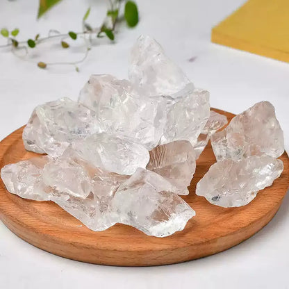 Clear Quartz Crystal Rough Stones Wooden Tray