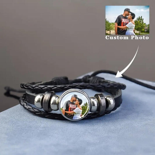 Custom Photo Black Leather Bracelet Couple Design
