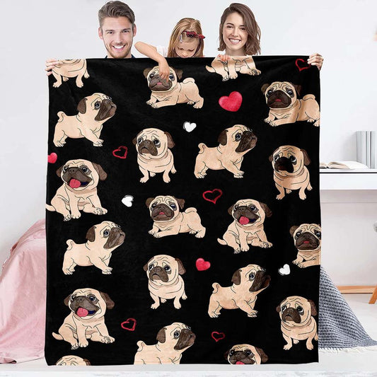Family Holding Black Pug Pattern Blanket Mockup