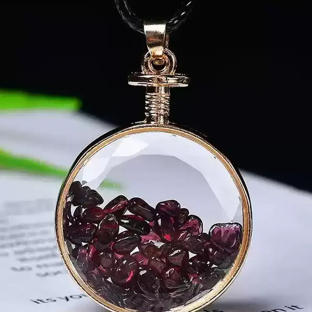 Garnet Crystal Chip Glass Vial Pendant Necklace