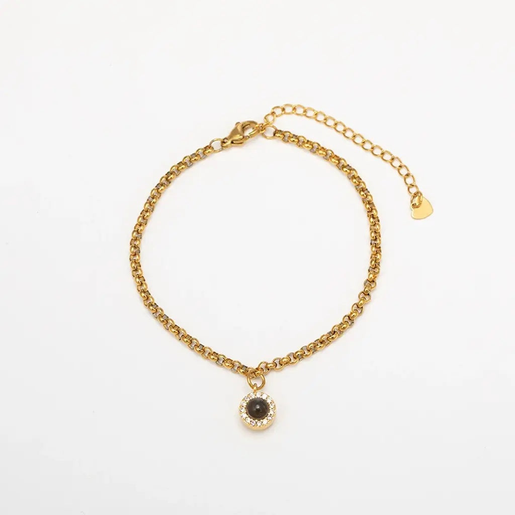 Gold Chain Bracelet with Round Gem Pendant