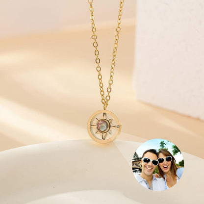 Gold Compass Photo Projection Necklace with Photo