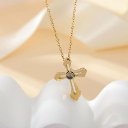 Gold Cross Photo Projection Necklace Wavy Display