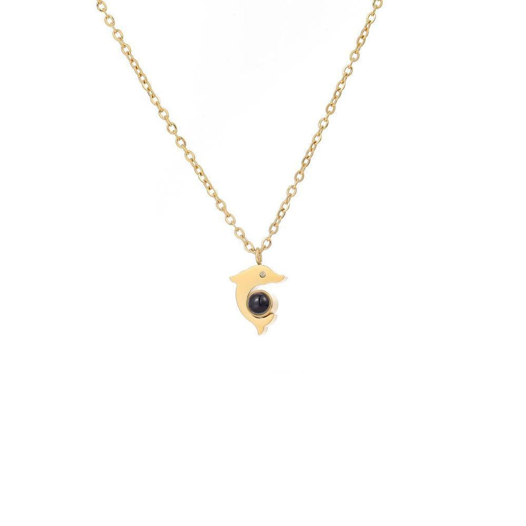 Gold Dolphin Necklace with Black Stone Pendant
