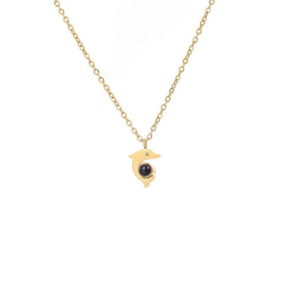 Gold Dolphin Necklace with Black Stone Pendant