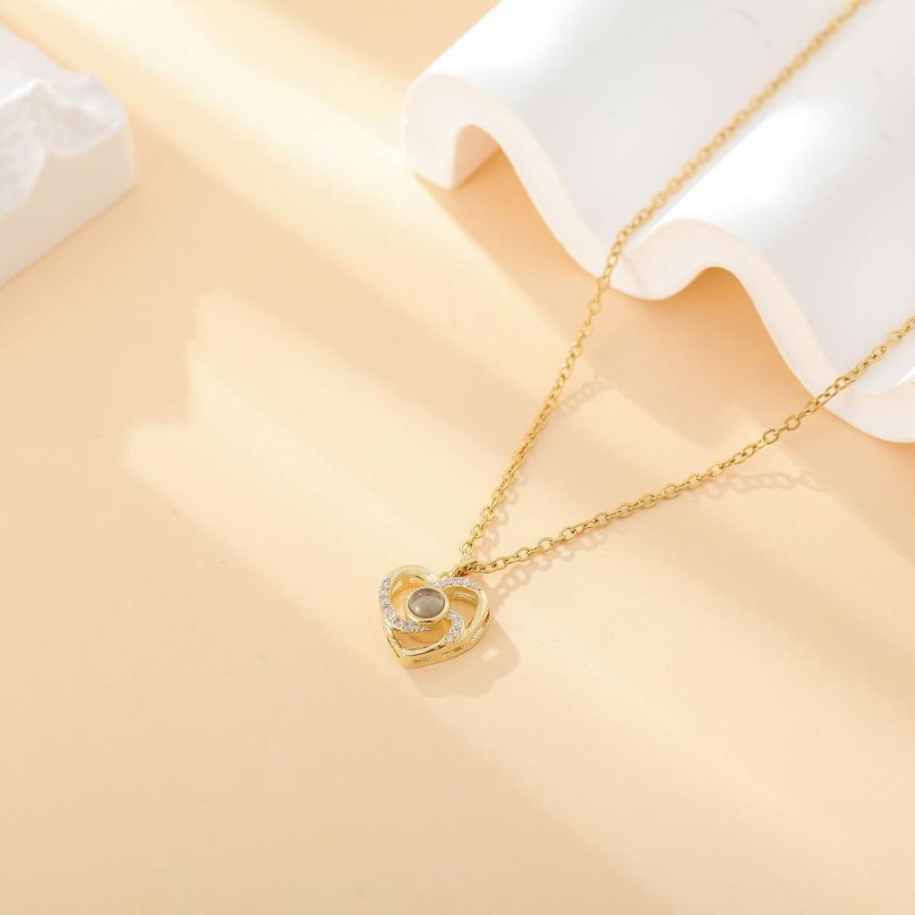 Gold Double Heart Photo Projection Necklace Display