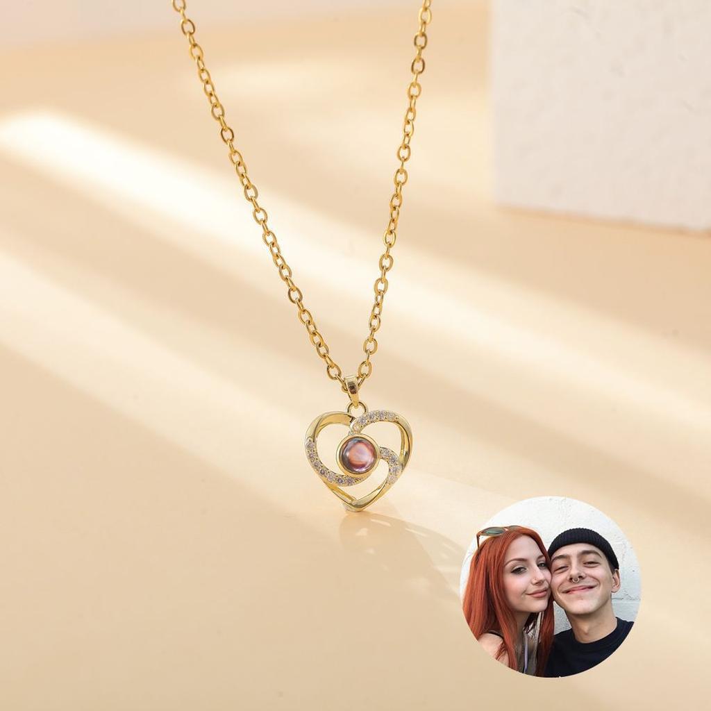 Gold Double Heart Photo Projection Necklace