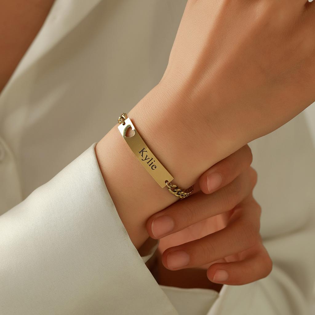 Gold Engraved Bracelet with Name Kylie on Wrist