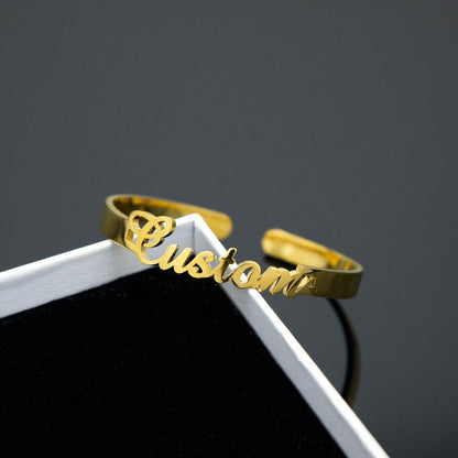 Gold Engraved Custom Name Cuff Bracelet Display