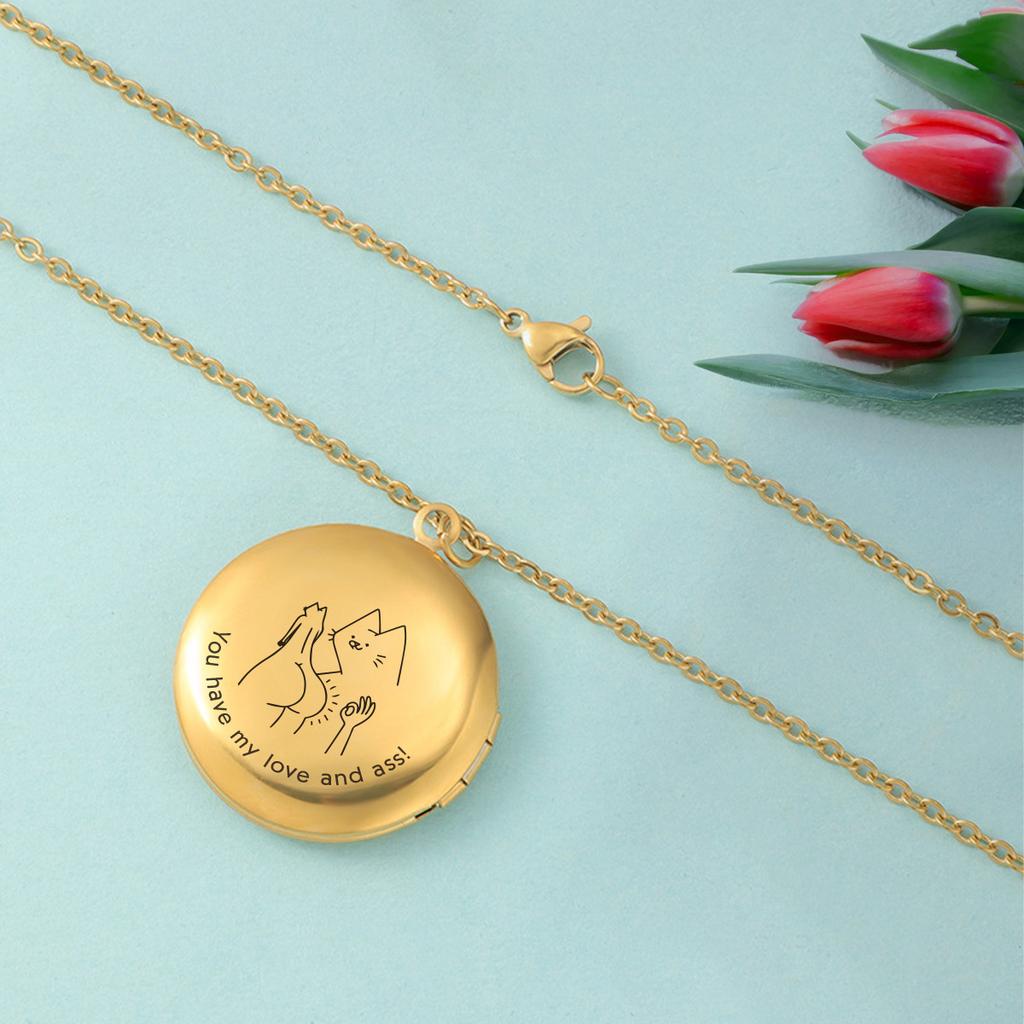 Gold Engraved Necklace with Cat Design and Text