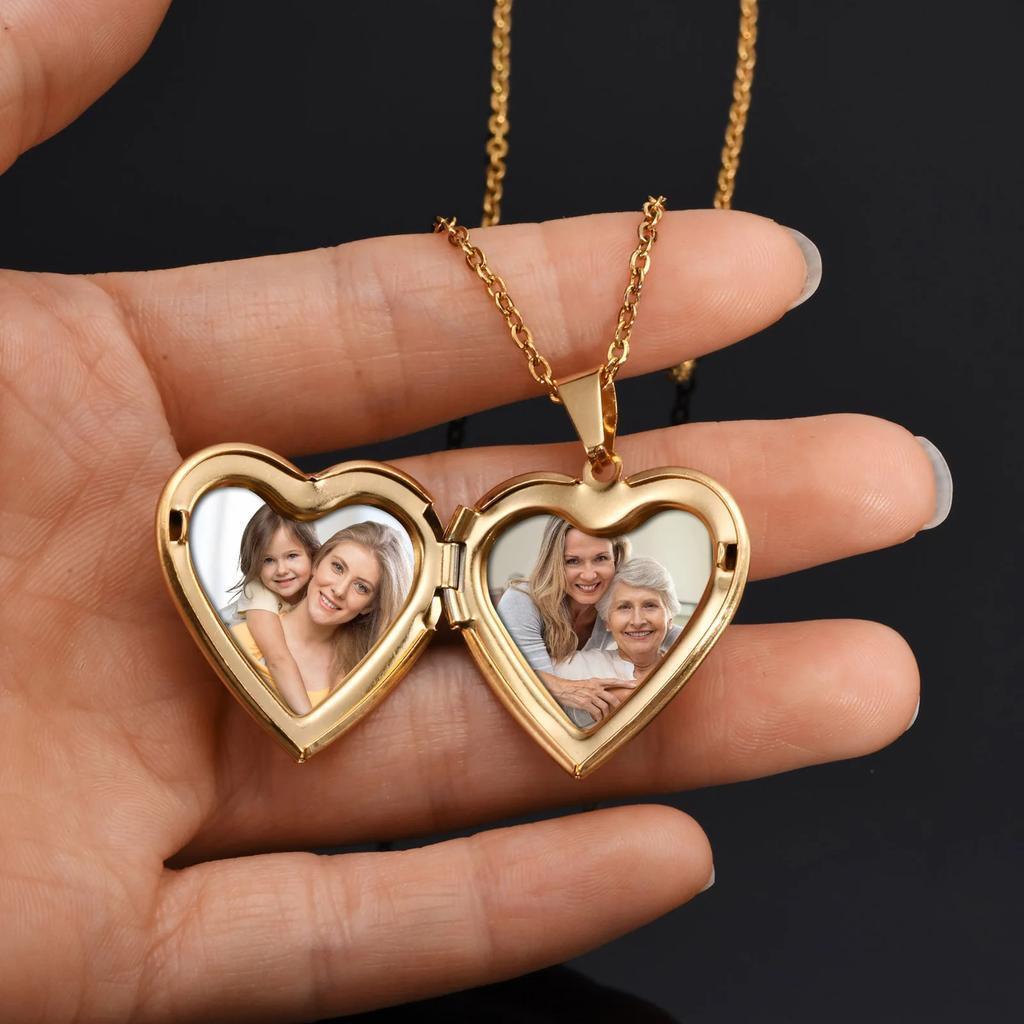 Gold Heart Locket Necklace with Family Photos Personalized