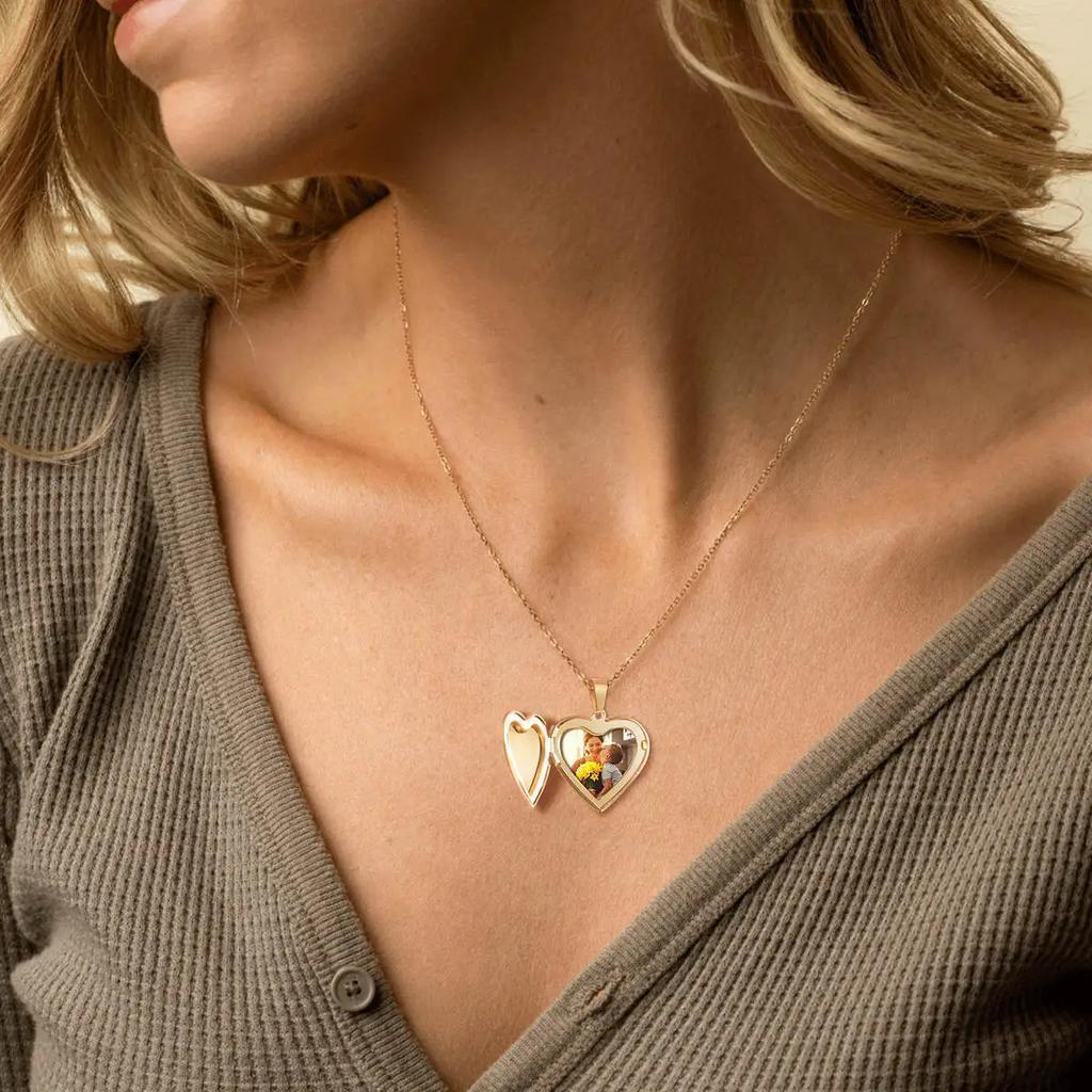 Gold Heart Locket Necklace with Photo Personalized_1