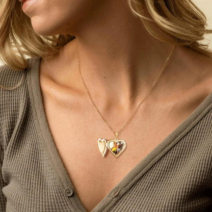 Gold Heart Locket Necklace with Photo Personalized_1