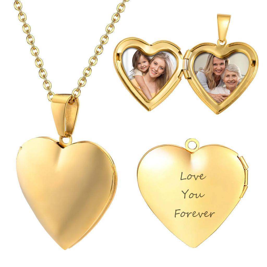 Gold Heart Locket Necklace with Photos and Engraving_1
