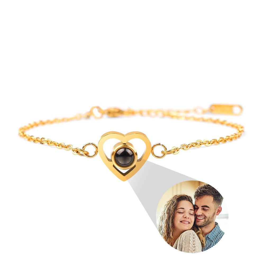 Gold Heart Photo Locket Bracelet Couple Portrait