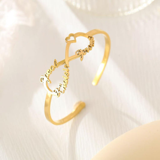 Gold Infinity Bracelet with Engraved Names and Heart