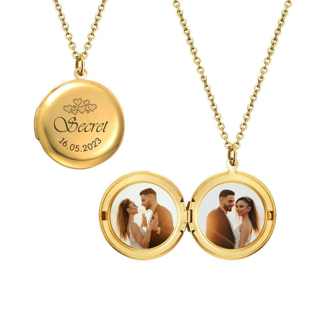 Gold Locket Necklace with Engraved Secret and Photos_1