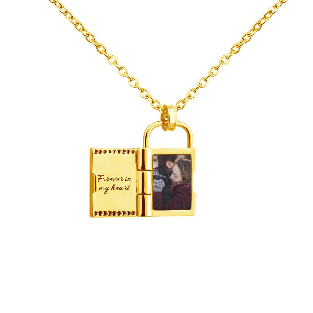 Gold Locket Necklace with Photo and Engraved Text