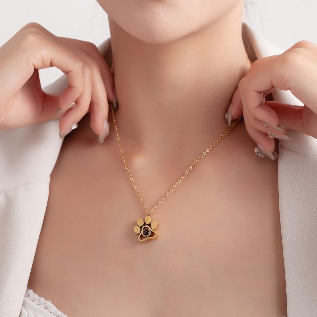 Gold Paw Print Photo Necklace Model