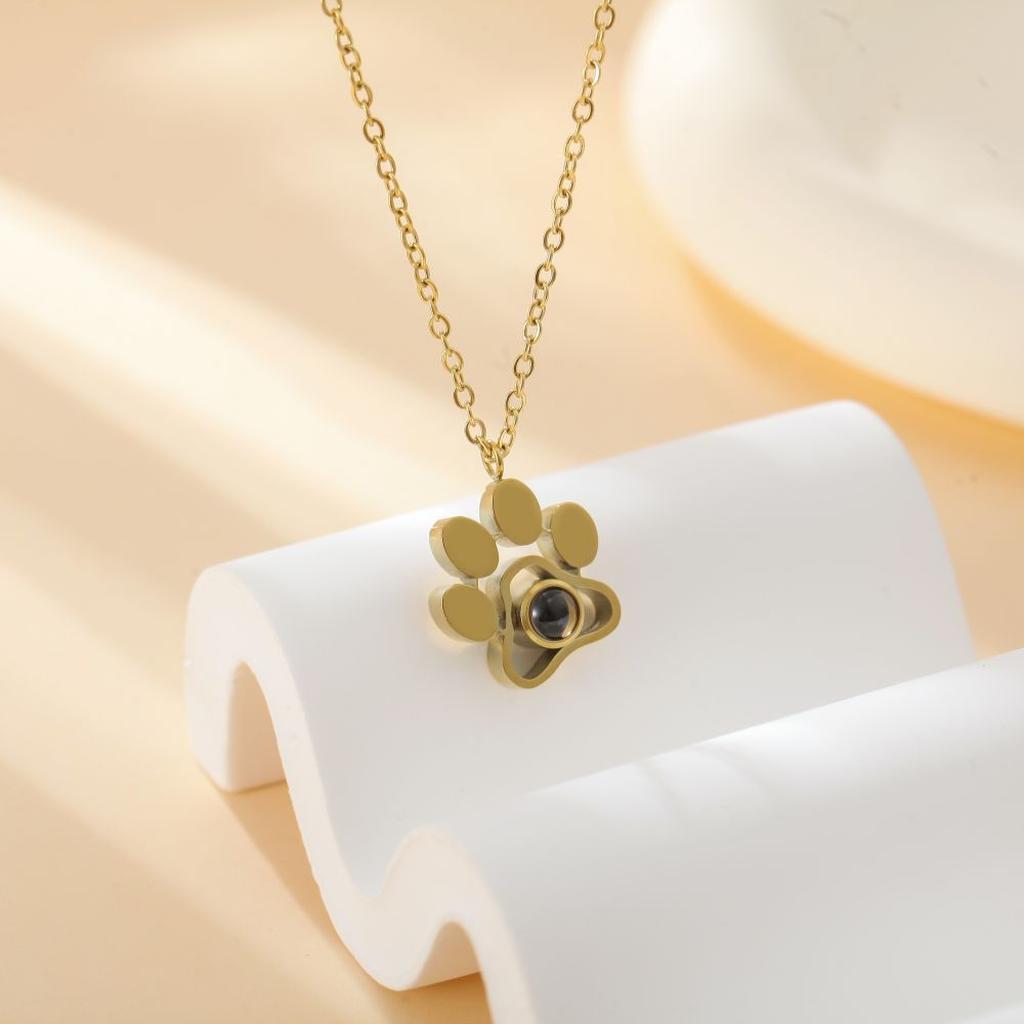 Gold Paw Print Photo Necklace Wavy Display