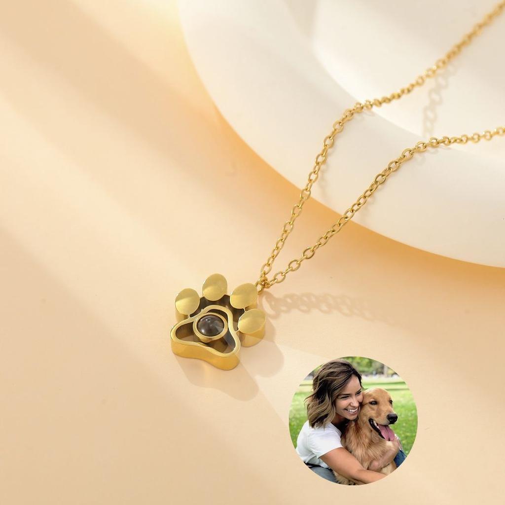 Gold Paw Print Photo Projection Necklace