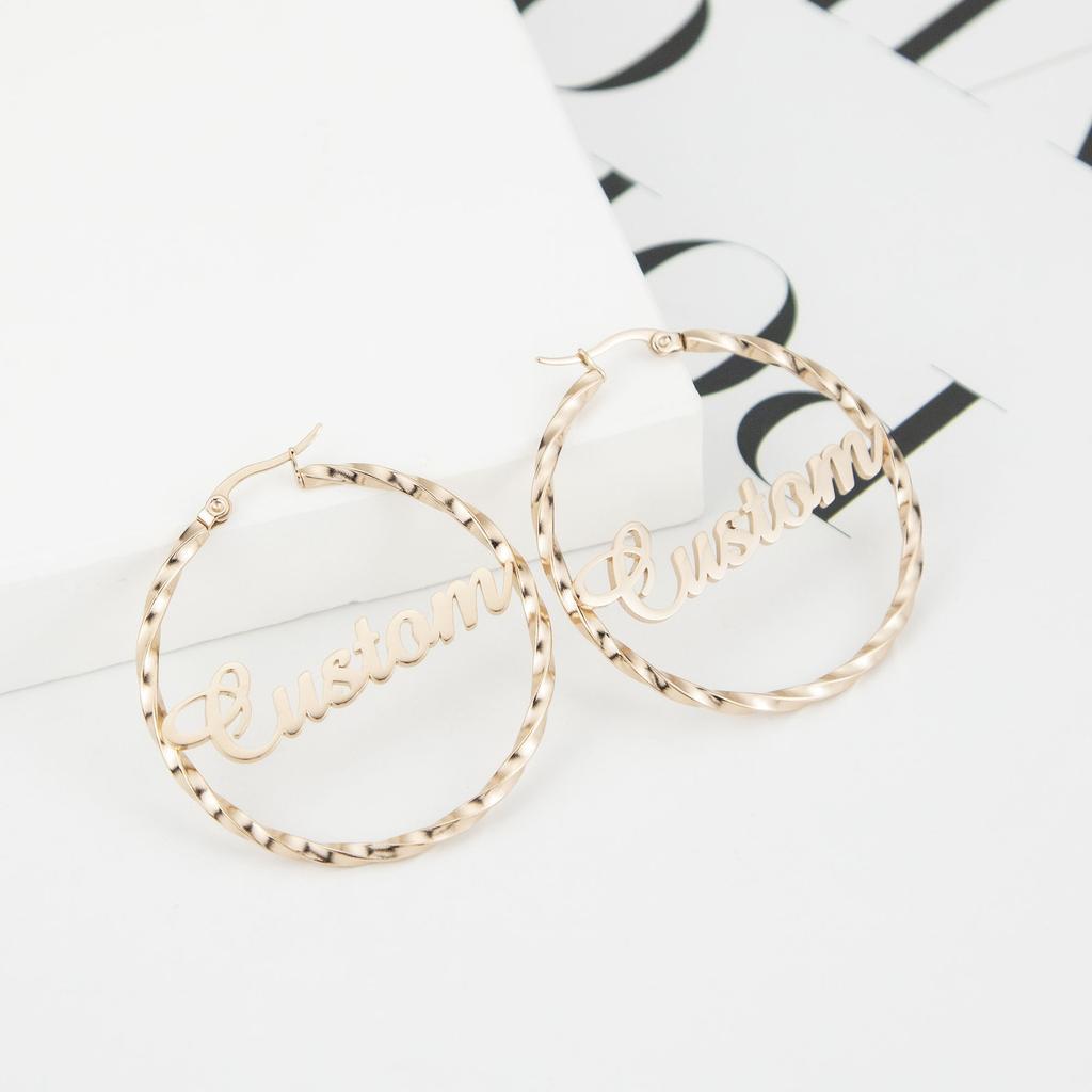 Gold Personalized Custom Text Hoop Earrings Design