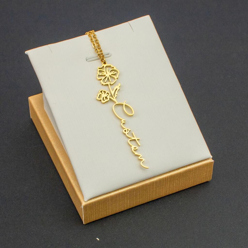 Gold Personalized Flower Name Necklace Display