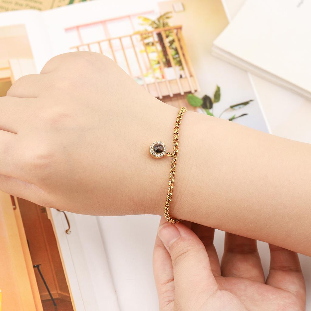 Gold Photo Charm Bracelet on Wrist Display