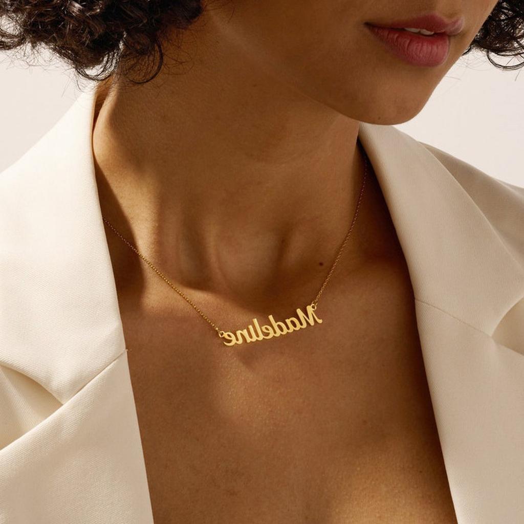 Gold Script Name Necklace on Model Closeup_1