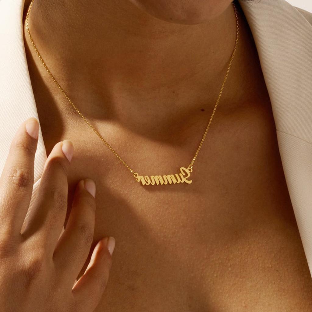 Gold Script Name Necklace on Model Closeup