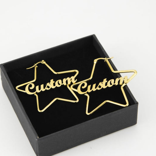 Gold Star Shaped Custom Text Earrings Displayed