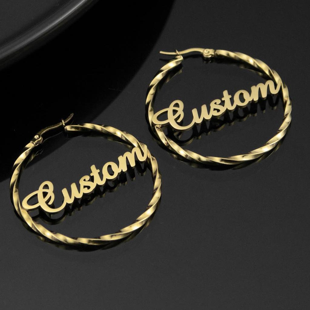 Gold Twisted Hoop Earrings Custom Text Engraved