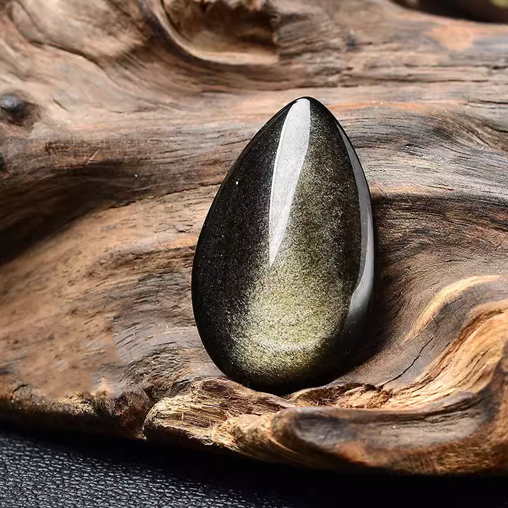 Golden Sheen Obsidian Cabochon Rustic Wood Background