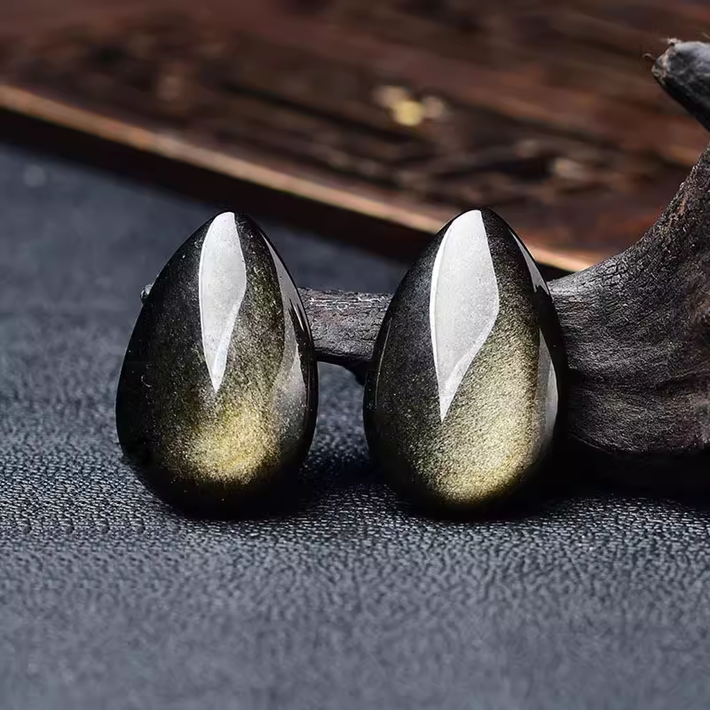 Golden Sheen Obsidian Cabochons Wood Background Pair