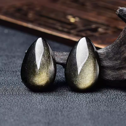 Golden Sheen Obsidian Cabochons Wood Background Pair