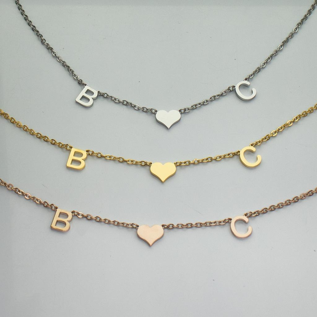 Initial Necklaces with Heart Silver Gold Rose Gold