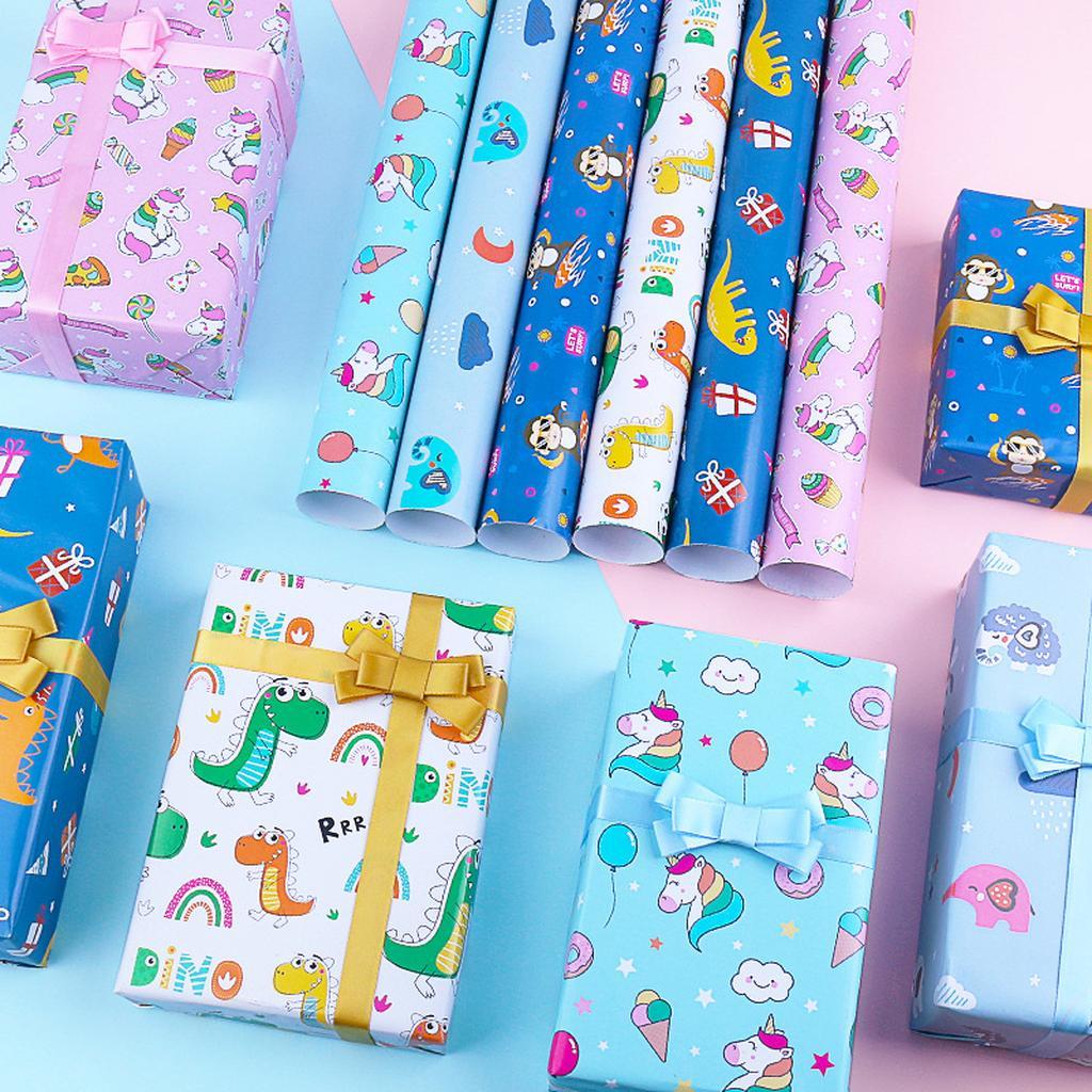 Kids Birthday Gift Wrap with Unicorn and Dinosaur Prints