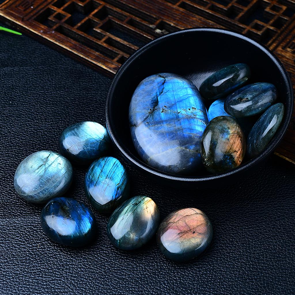 Labradorite Palm Stone Bowl Black Leather