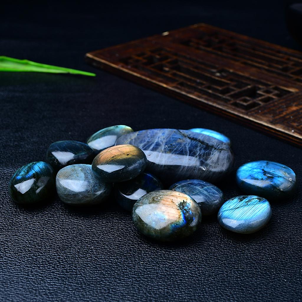 Labradorite Palm Stone Set Black Background