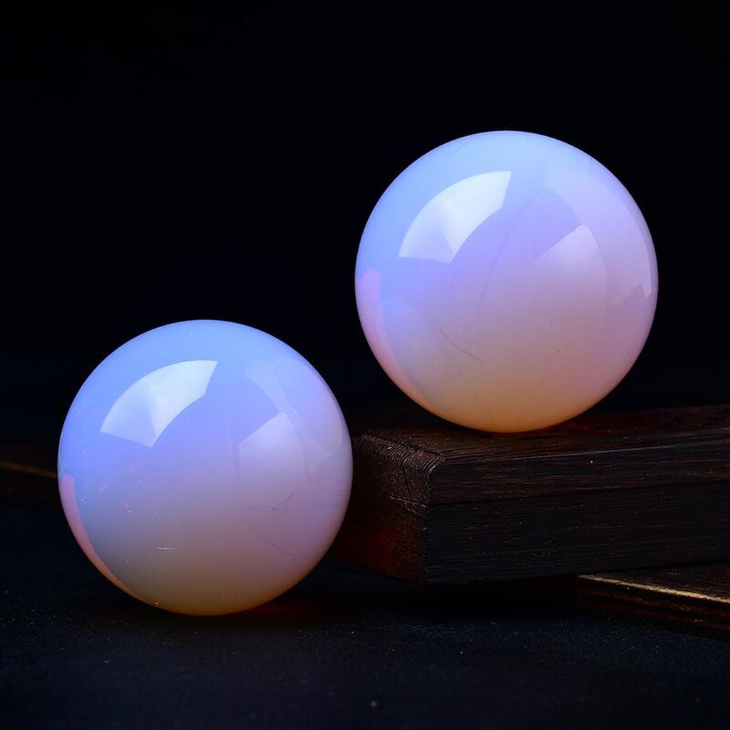 Opalite Crystal Spheres Black Background Wooden Box