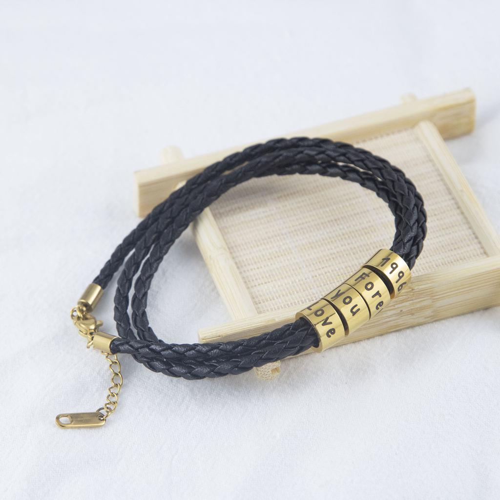 Personalized Engraved Love Bracelet Black Leather Gold