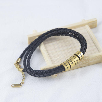 Personalized Engraved Love Bracelet Black Leather Gold